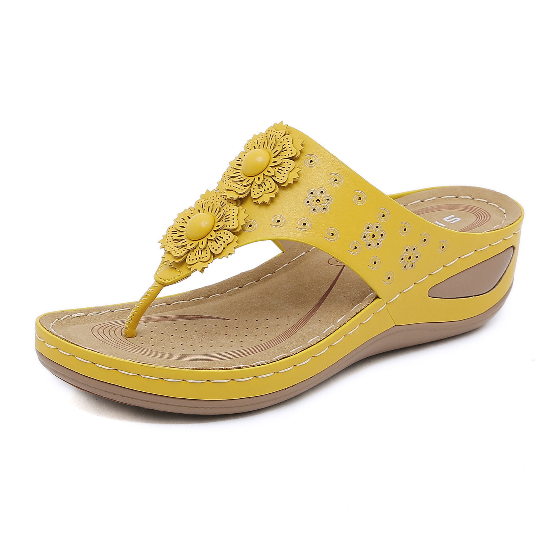 Non-Slip Bottom Women's Shoes Stitching Wedge Ethnic Flower plus Size Slippers Women