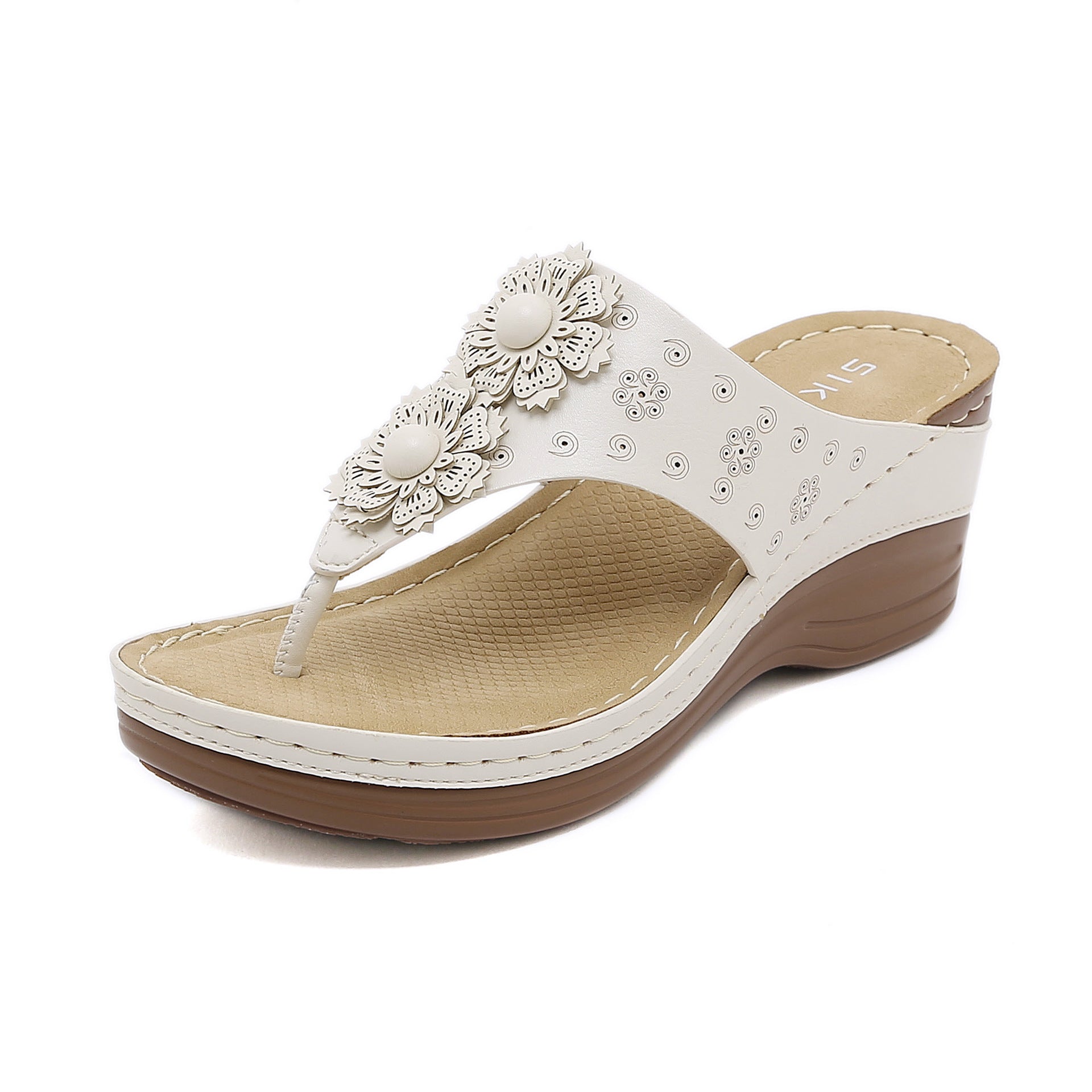 Non-Slip Bottom Women's Shoes Stitching Wedge Ethnic Flower Large Size Slippers Women