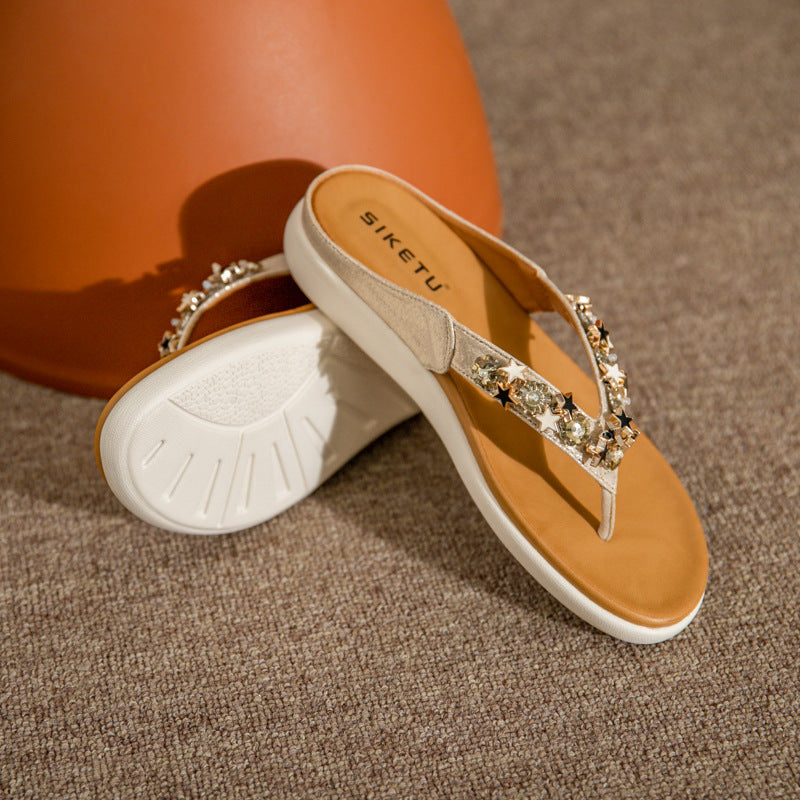 Women's Beaded Rhinestone Bohemian Beach Flip-Flops