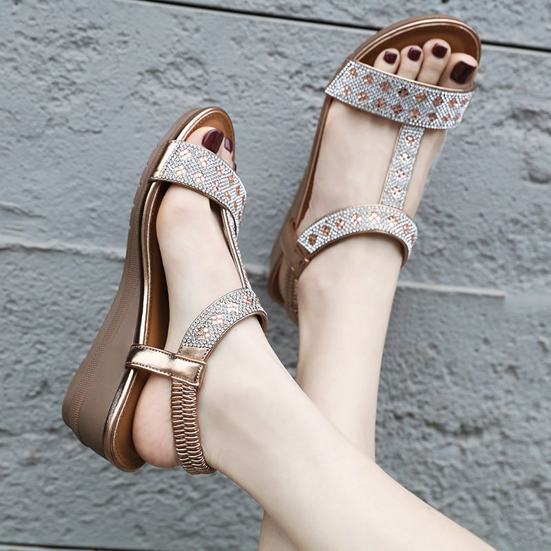 BY1729-1 Fashion Rhinestone Open Toe Non-Slip Wedge Commuter Sandals for Women