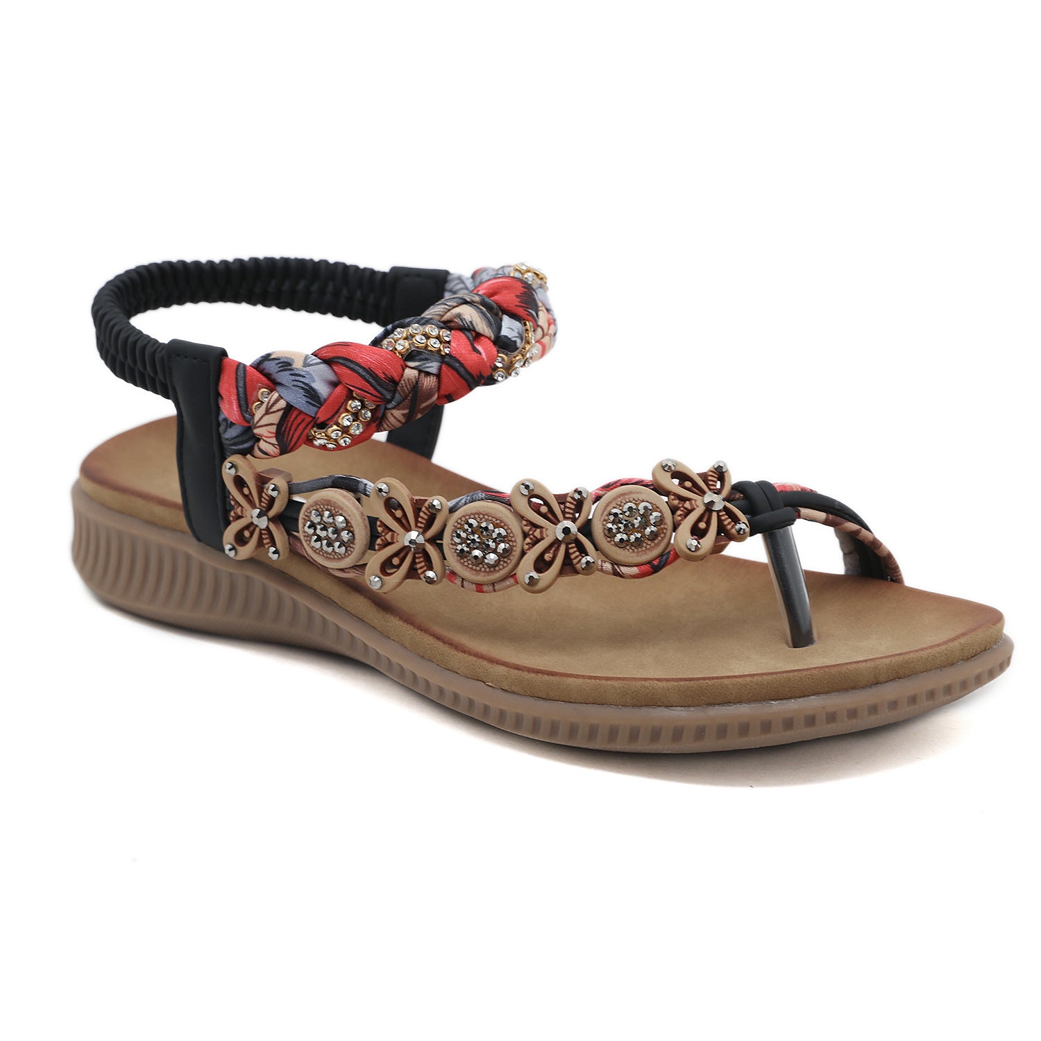 1722-1 Comfortable Bohemian Hand-Woven Ribbon Rhinestone Sandals for Women