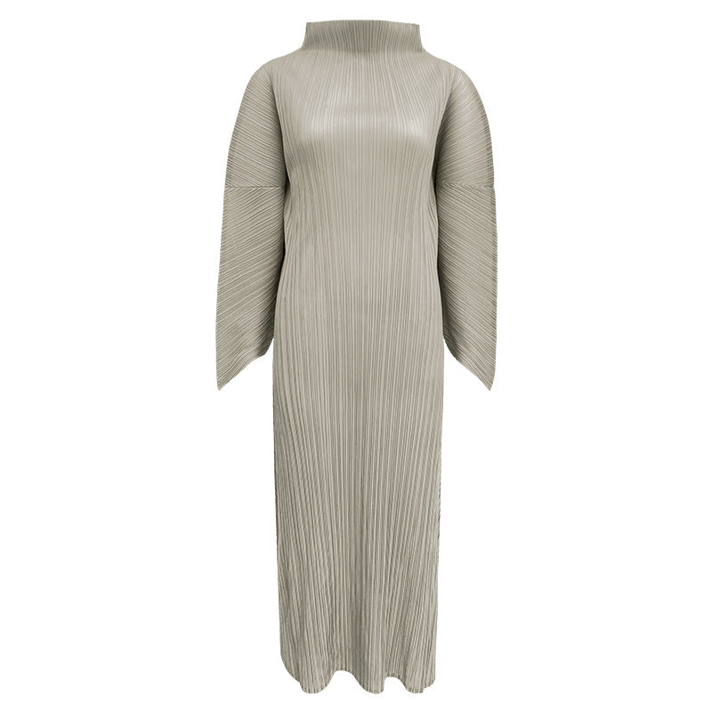 Graceful Collar Folding Sleeve Solid Color Dress Women's Mid-Length Simple Loose Pleated A- line Skirt