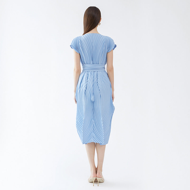 Dress Women's Slim Handmade Pleated round Neck Solid Color Pleated Skirt