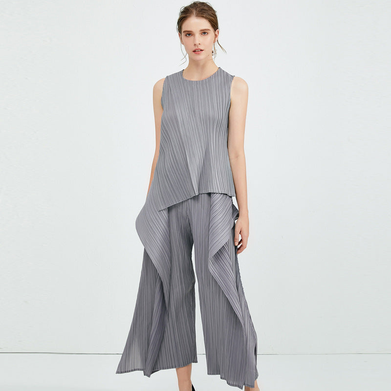 Double-Layer Top Vest Casual Wide-Leg Pants Irregular Fake Two-Piece Suit Women