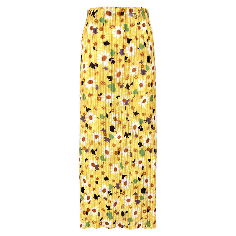 Mid-Waist Skirt Mid-Length Slimming Women's Fold Floral Long Skirt Summer Skirt