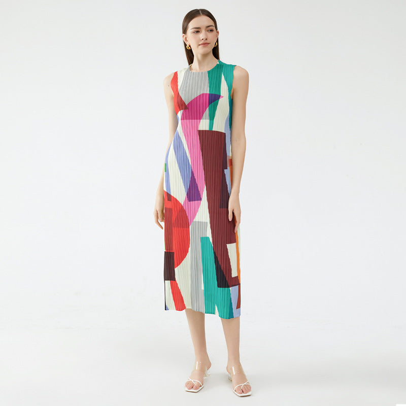 Geometric Sleeveless Slim Fit Dress Women's Long and Simple All-Matching Slimming A- line Skirt