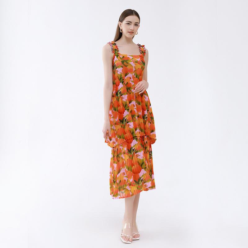 Double-Layer Pleated Sleeveless Anti-Wrinkle Orange Floral Strap Dress Vacation Style Dress