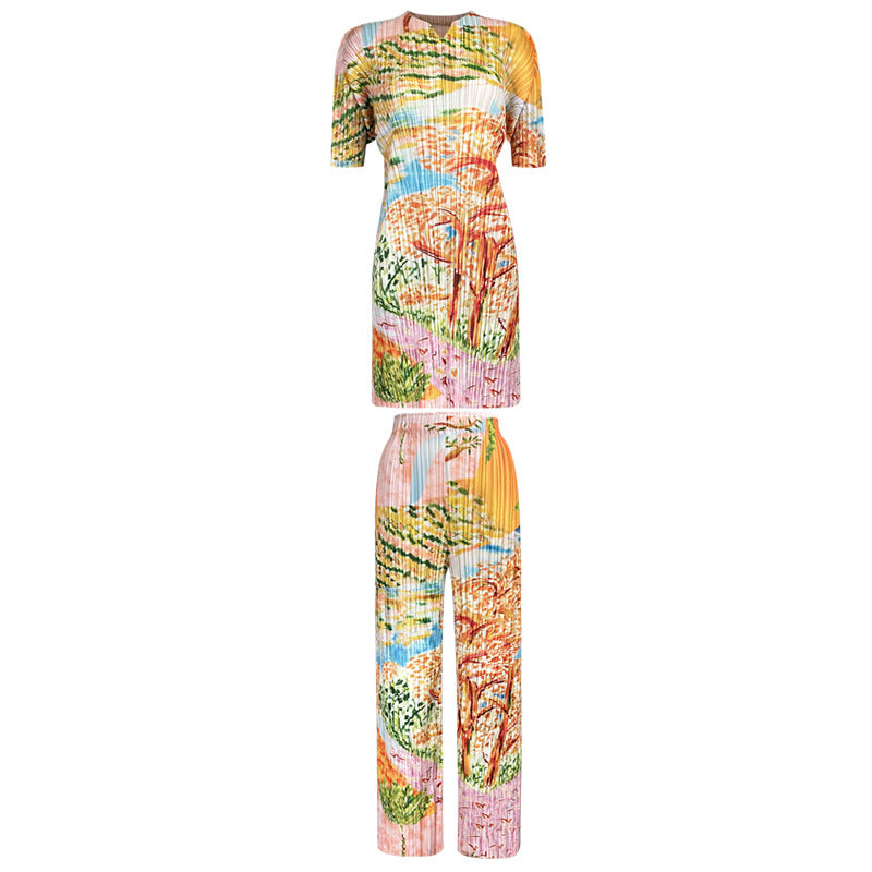 Elegant Tree Painted Printed Small V-neck Short-Sleeved Top Women's Casual Trousers Pleated Suit Women's