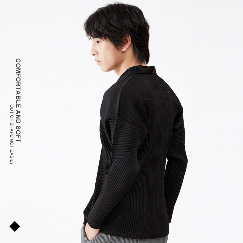 Men's Long-Sleeved Solid Color Collar T Casual Polo Collar Pleated Men's T-shirt