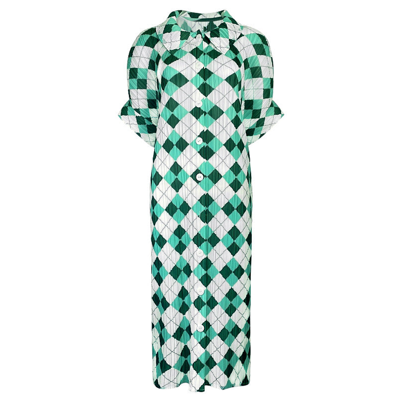 Lapel Pleated Skirt Design Long Skirt Plaid Dress Female Temperament