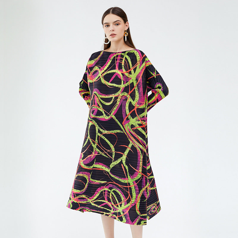 Design Loose Line Floral Print Slit Casual Pleated Midi Dress for Women