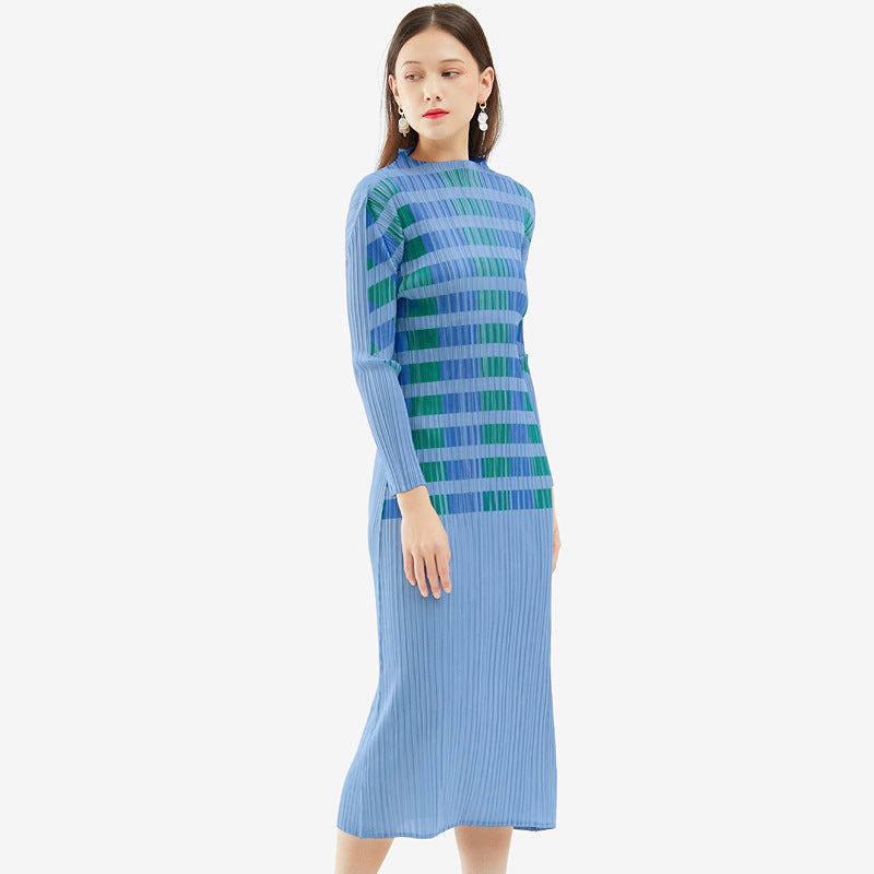 Pleated Elegant Slim Half Collar Dress Long Sleeve Straight Slimming Midi Dress Women