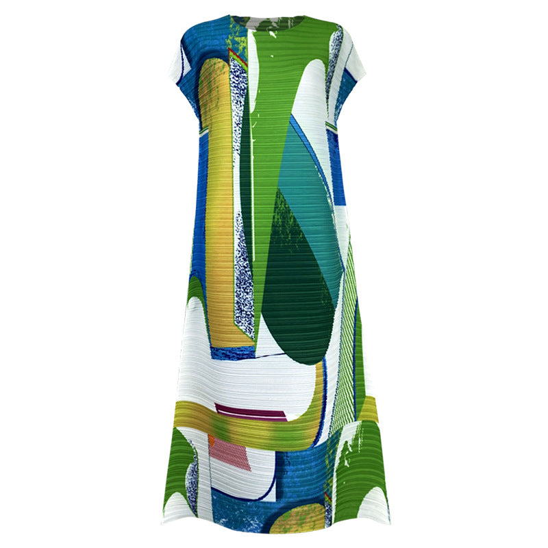 Printed Pleated Short Sleeves Dress Women's Loose Long Dress Design Skirt