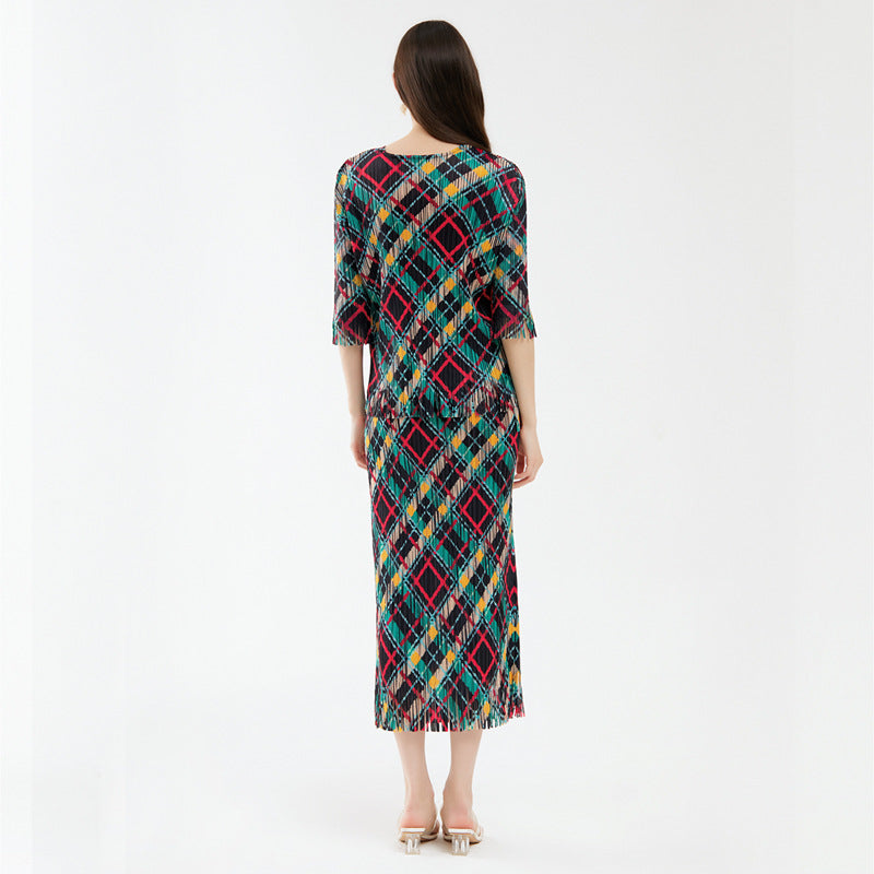 Casual Rhombus Suit Design Blouse Tassel A- line Skirt Women's Two-Piece Set