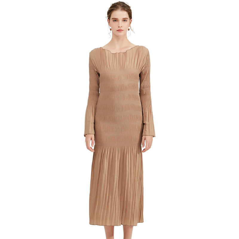 Season Bell Sleeve Dress Slim Fit Slimming Wide Collar Midi Dress