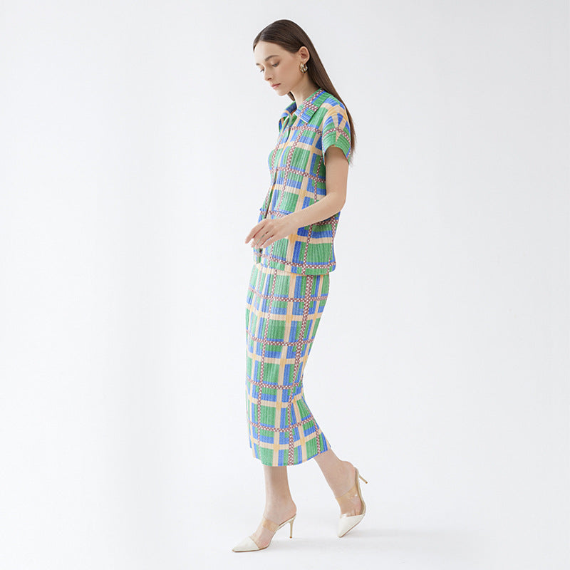 Pleated Lapel Short Sleeve Temperament Printed Single-Breasted Shirt Outfit Skirt Two-Piece Suit