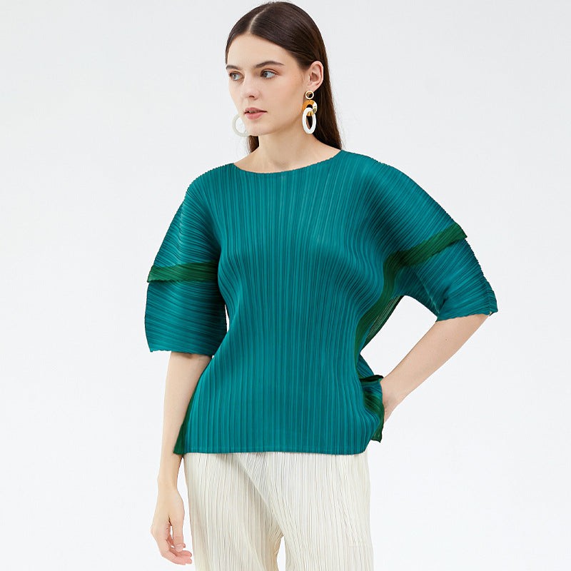 Plus Size Contrast Color Design Simple Loose Patchwork Top Female Summer