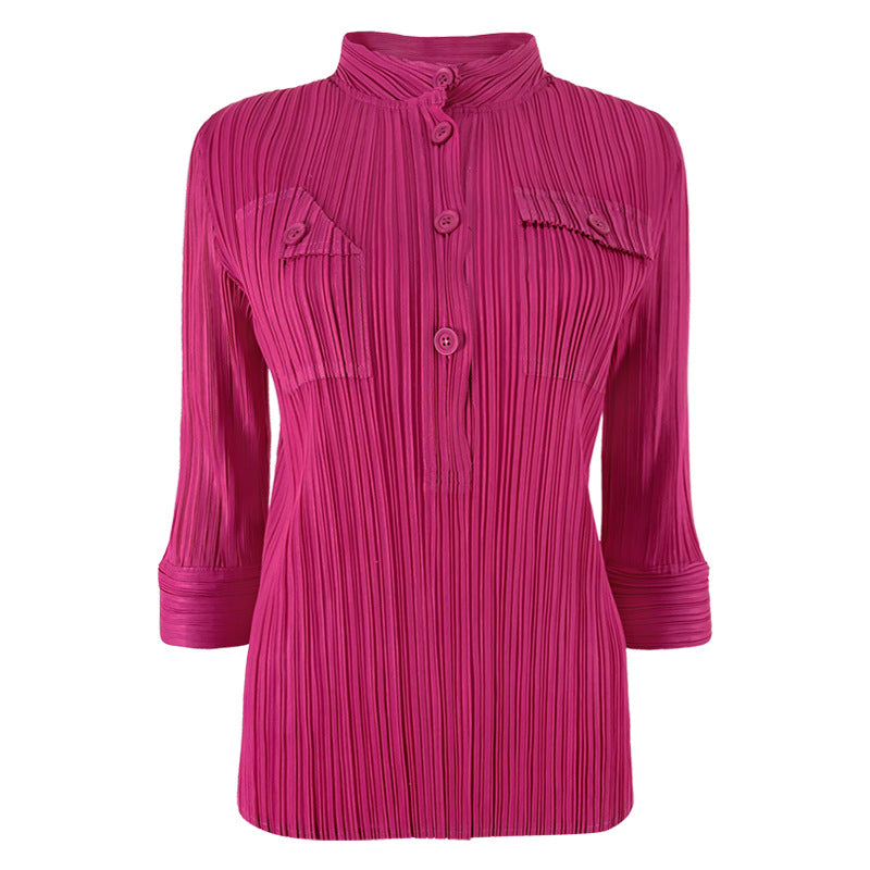 Pleated Shirt Women's Commuter Pocket Long Sleeve Slim Shirt Female Online Influencer