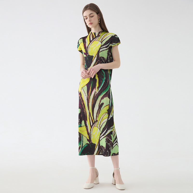 Flying Sleeves Printed Dress Women's Mid-Length Simple Slim Half Collar Bottoming Skirt