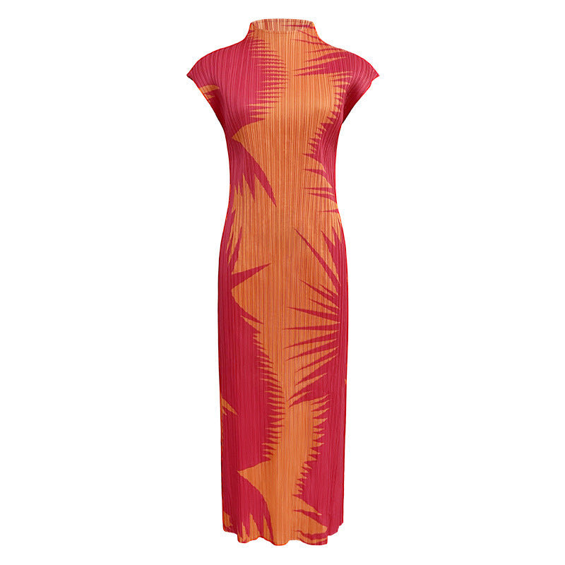 Printed Sleeveless Half Collar Dress Women's Mid-Length Simple Slim Fit Bottoming Skirt