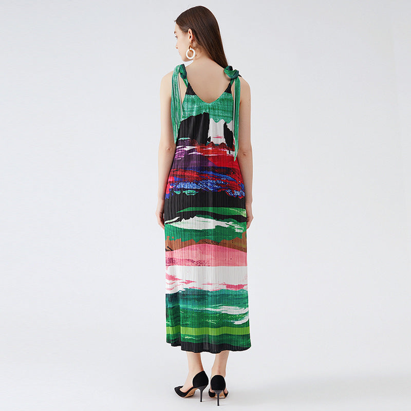 Ink Print Loose Strap Dress Pleated