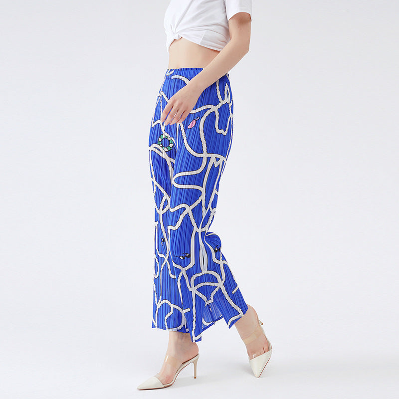 Pants Women's Straight-Leg Pants Long Women's Elegant Pleated Print Line Casual Style Trousers