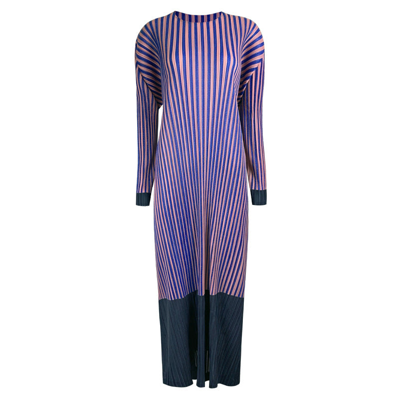 Casual Striped Stitching Midi Dress Contrast Color Long Sleeves Dress Women