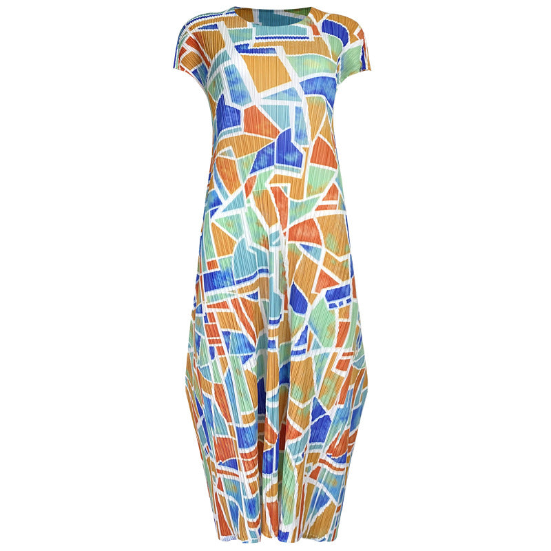 Printing and Dyeing Dress Pleated round Neck Sleeveless Contrast Color Square Mid-Length Dress