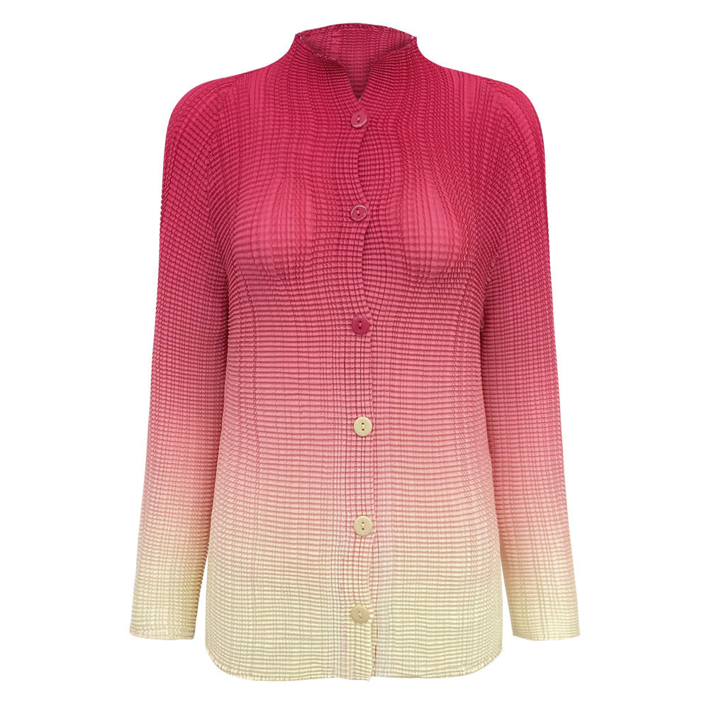 Gradient Pleated Chiffon Shirt Versatile Casual Small Open Collar Sweet Slimming Long Sleeve Printed Top for Women