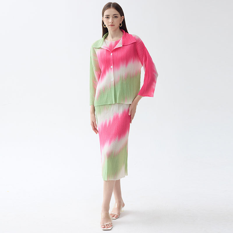 Gradient Slim Slimming round Neck Women's Two-Piece Dress Long-Sleeved Jacket A- line Skirt