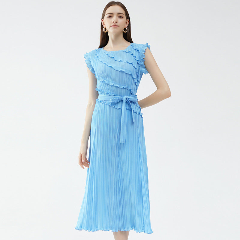 Casual Style Casual Draped Dress round Neck Wooden Ear Patchwork Skirt Sleeveless Solid Color Dress Women