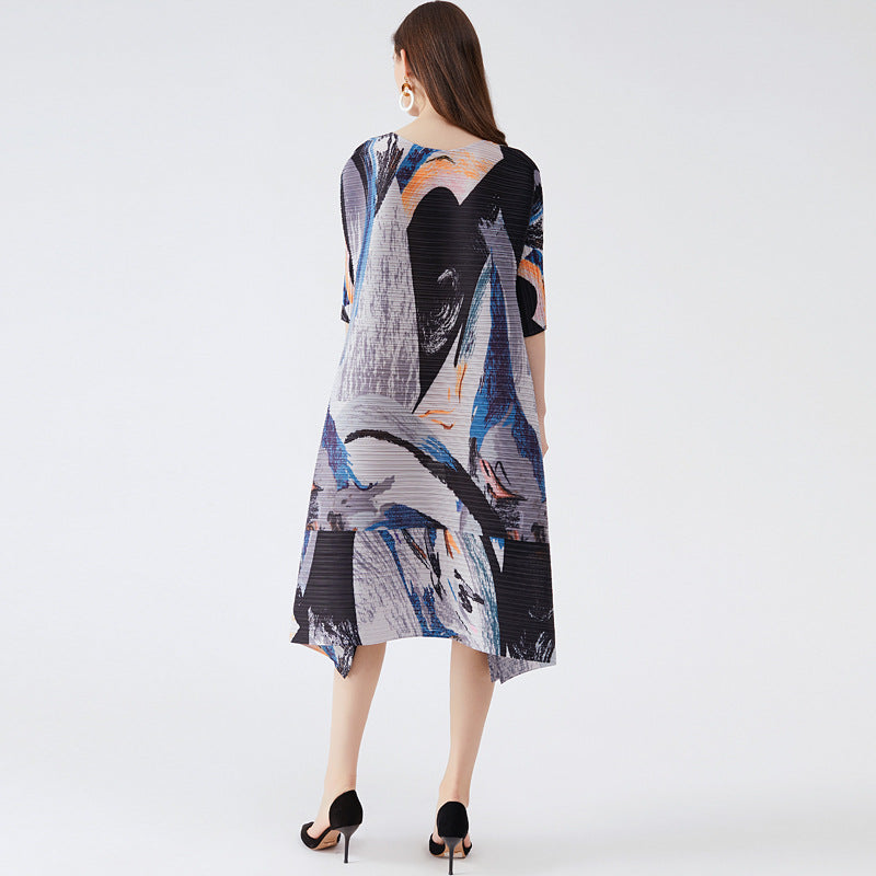 Printed round Neck Pleated Dress Light She Design Taste Half Sleeves Loose Large Swing Skirt