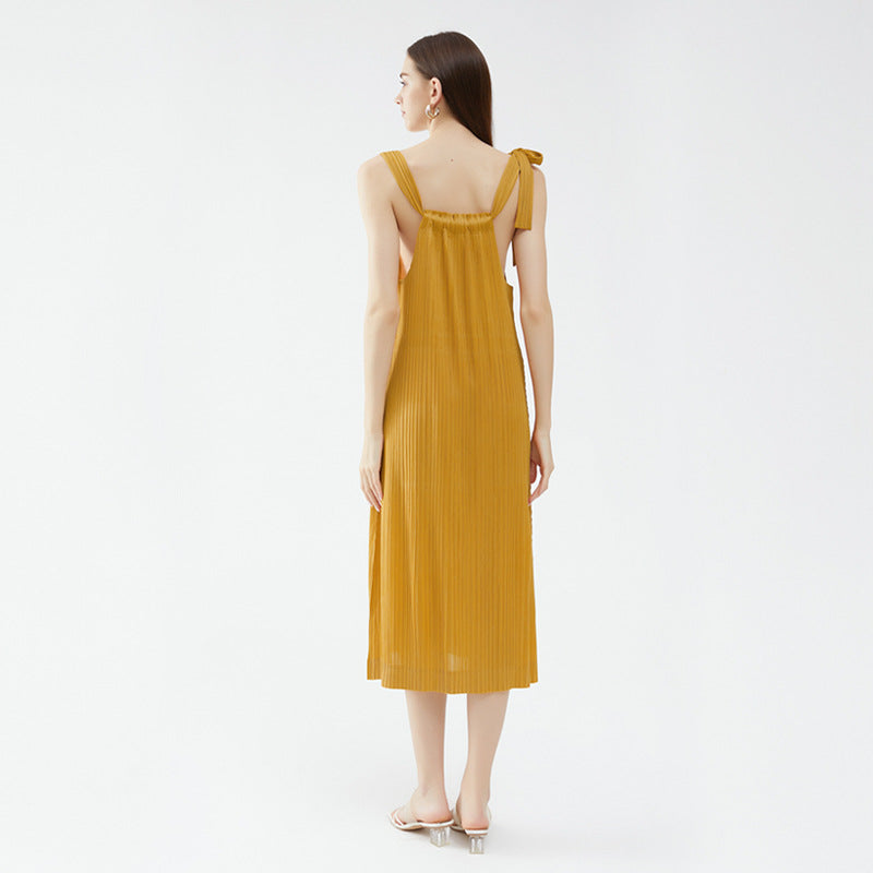 Mid-Length Solid Color Pocket Spaghetti Straps Sleeveless Dress Women's Loose Shoulder Strap A- line Skirt Women