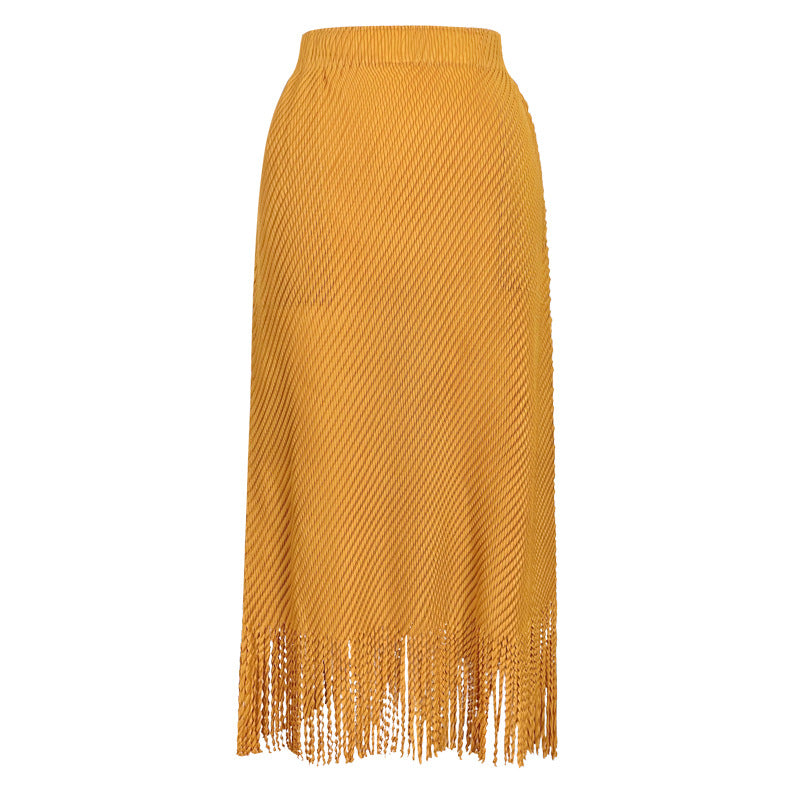 Scale Pleated Waist Pure Color All-Matching Tassel A- line Midi Skirt Women's Multicolor