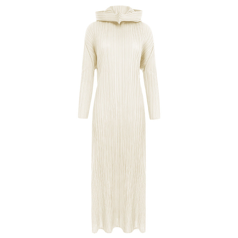 Pleated A- line Dress Solid Color Long Sleeve Slim-Fit Hood Dress Winter Women's Design Sense
