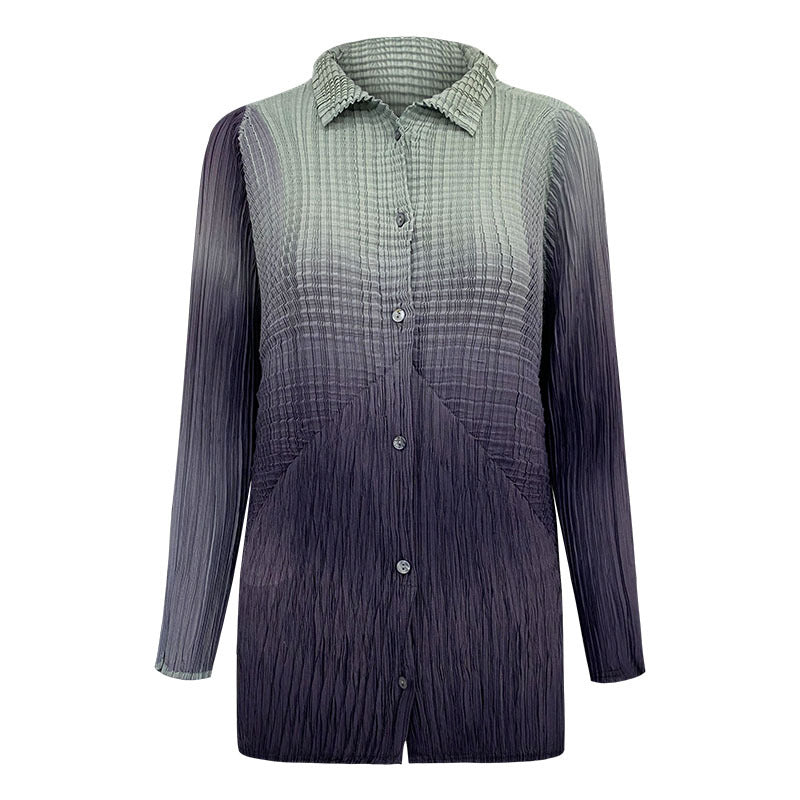 Pleated Gradient Long Sleeve Striped Lapel Cardigan Single-Breasted Casual Women's Shirt