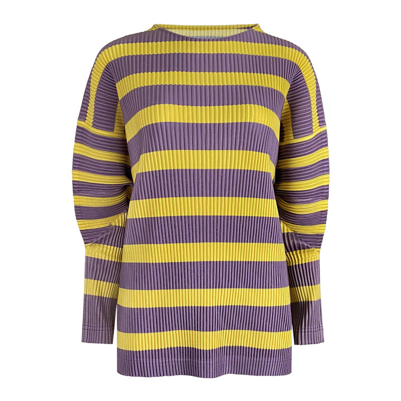 Japanese round Neck Striped Sweater Women's Loose Long Sleeve Casual Slimming Peplum Top
