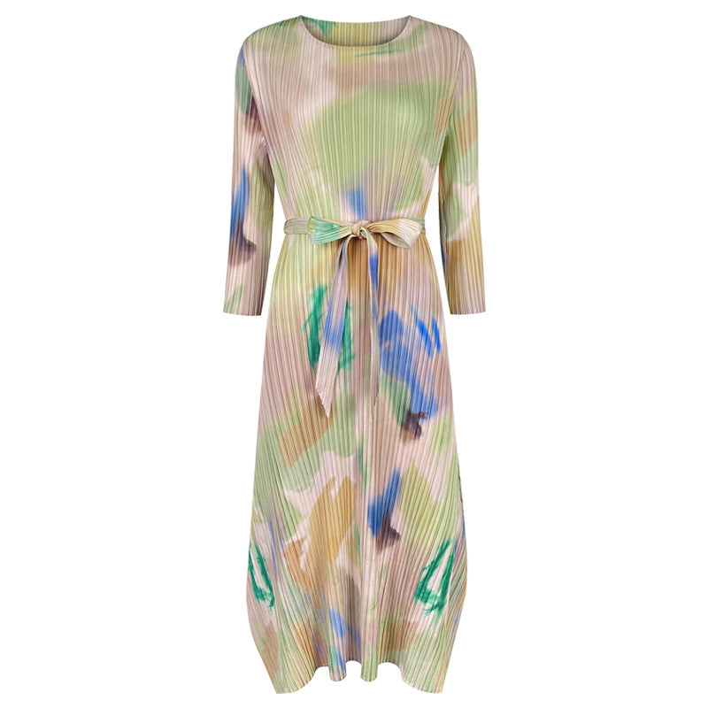 Crew Neck Split Dress Women's Slim Fit Slimming Chinese Ink Style Printed Comfortable Dress for Women