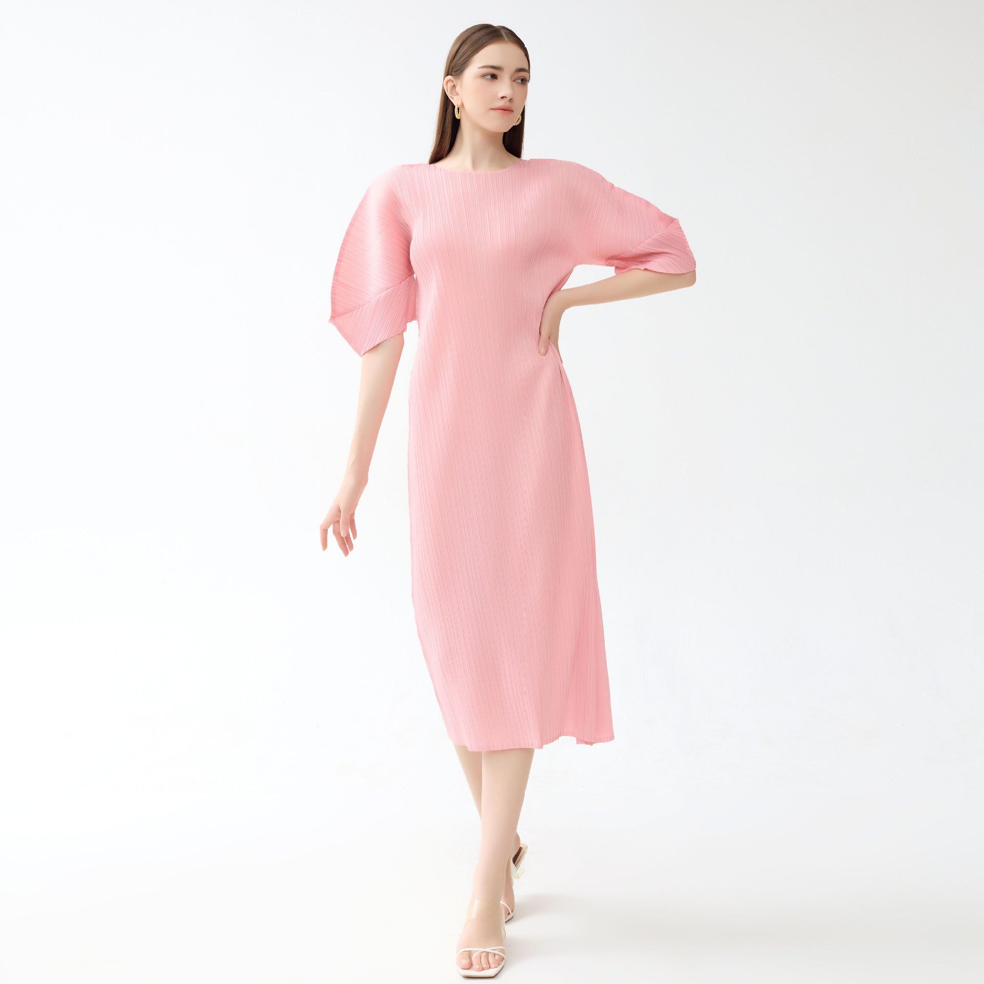 Folding Sleeve Dress Grade Solid Color Casual round Neck Mid-Length Slim Fit A- line Dress Women