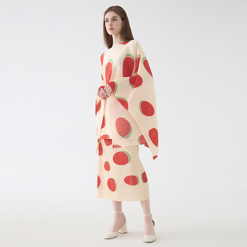 Batwing Sleeve Printed Top for Women Loose off Shoulder Outer Wear Long Sleeve Fu Dou Series Top for Women