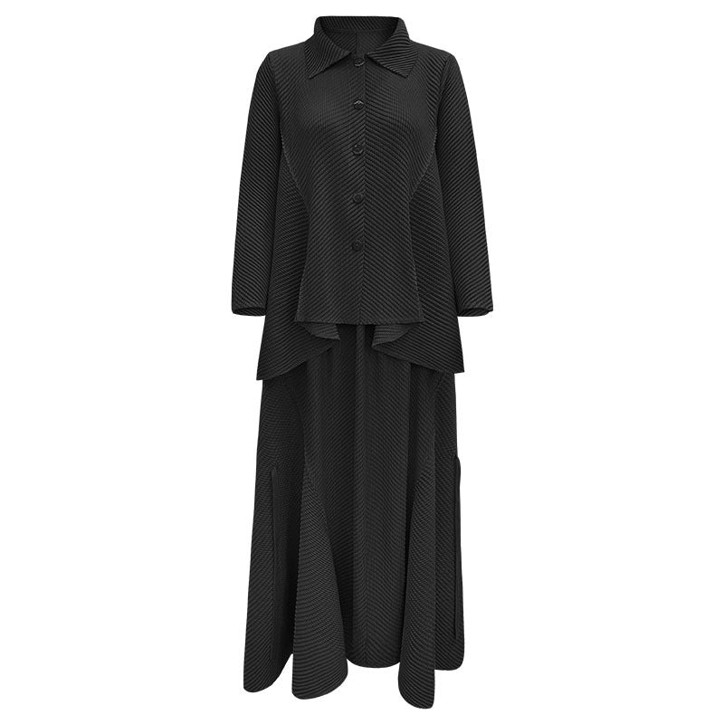 Scale Pleated Autumn Solid Color Loose Long Sleeves Lapel Irregular Top Wide Leg Skirt Two-Piece Set