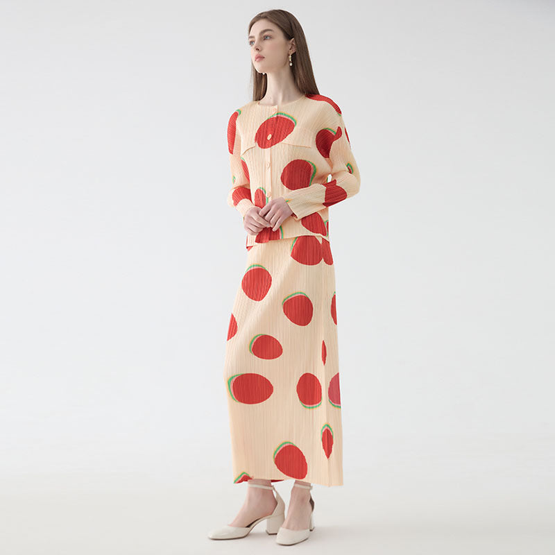 Comfortable Breathable Suit Fu Dou Printed Long-Sleeved Shirt Slim Fit Slit Skirt Two-Piece Set