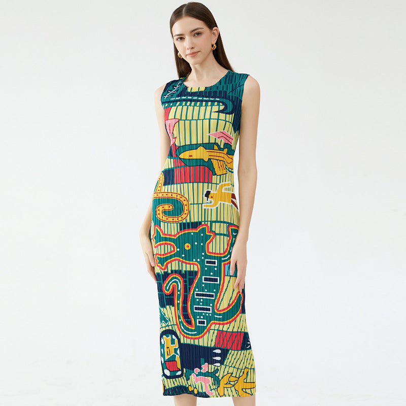 New Elegant Animal Waist Slimming Slim round Neck Dress Women