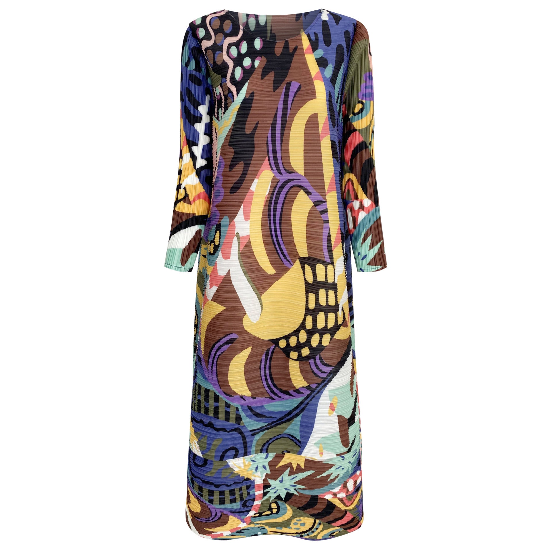 Color Painting plus Size Dress round Neck Long Sleeve A- line Skirt