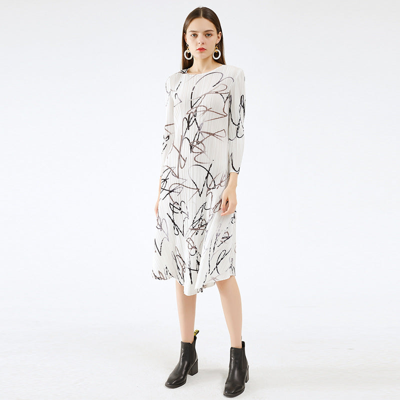 Abstract Dress Years Waist Slimming Temperament Printed Dress A- line Skirt