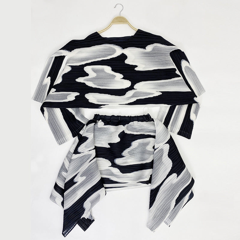 Irregular Black and White Set Loose round Neck Long Sleeve T-shirt Skirt Two-Piece Set for Women