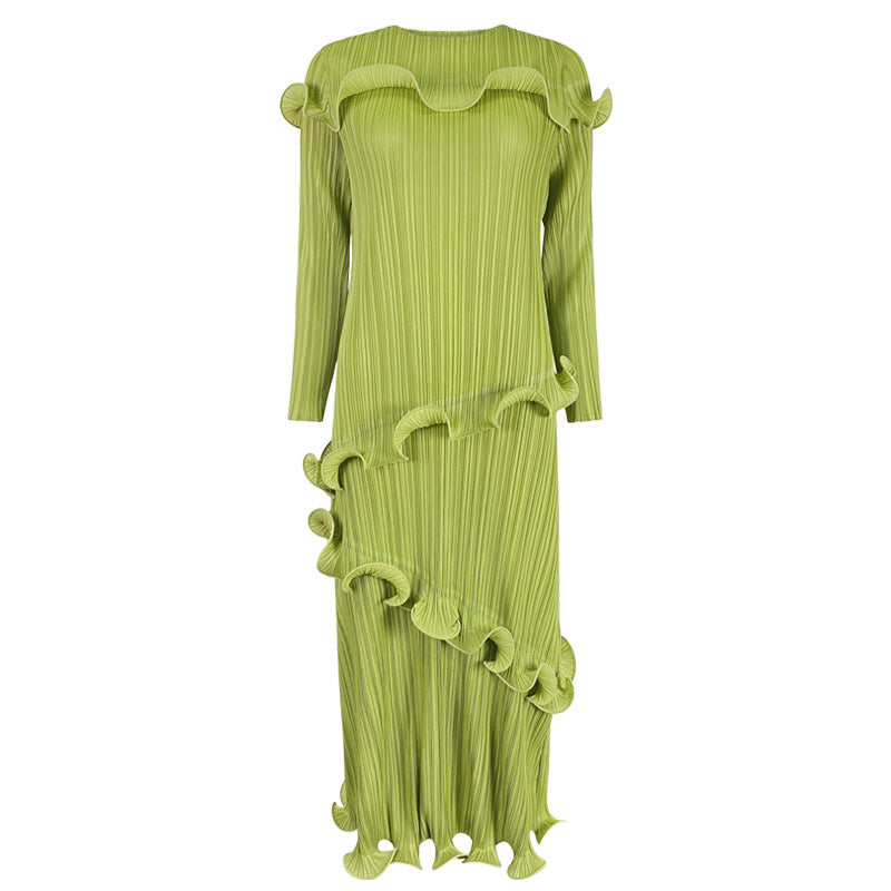 Pleated Slim Solid Color Long Sleeve Skirt plus Size Dress Women