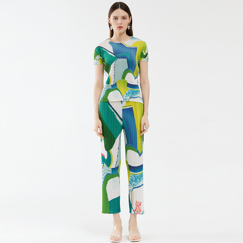 Casual Printing Suit Short-Sleeved Top Draped Pants Two-Piece Set for Women