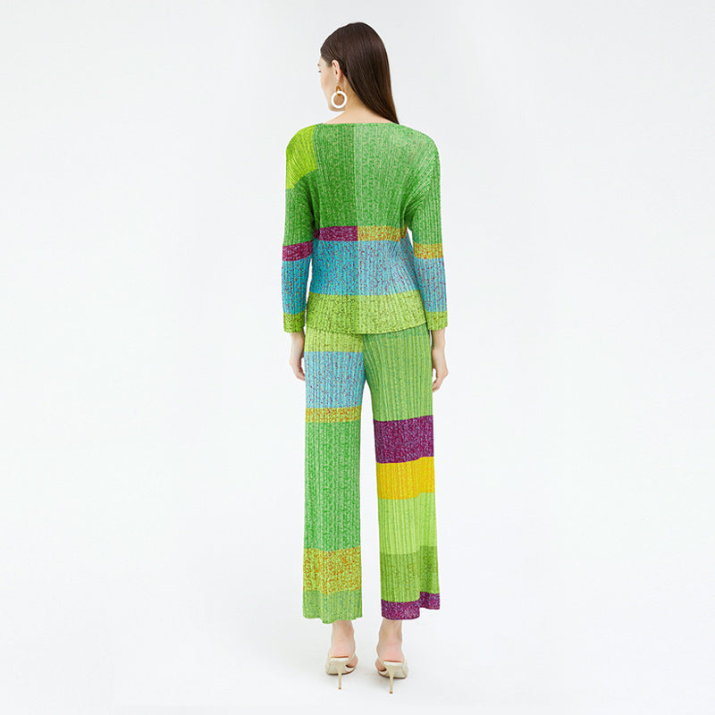 Printing Color Contrast Casual Thin Suit Long-Sleeved Top Drooping Straight Pants Two-Piece Set for Women