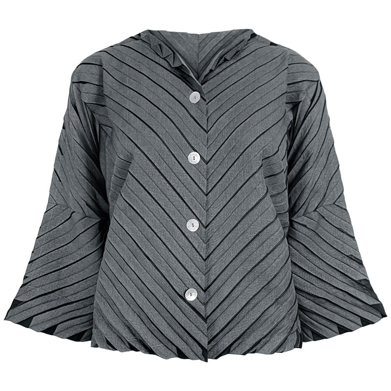 Elegant Versatile Top Unique Inkjet Striped Flared Long Sleeve Pleated Coat for Women